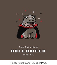 Bebê bonito Hippo em Feliz Halloween Pixel Art Style - Vampire