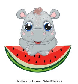 Nettes Baby-Nilpferd mit einer großen Scheibe reifer Wassermelone. Geeignete Baby-Nilpferd-Illustration für Kinderbücher, Lehrmaterialien