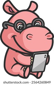 cute baby hippo learning and reading story from smartphone of illustration