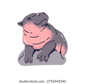 Cute baby hippo is lying on stone and smiling. Funny pygmy hippopotamus with happy face has a rest. Lovely animal character with positive emotions. Flat isolated vector illustration on white