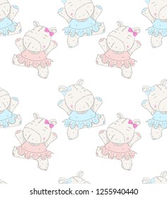 Cute baby Hippo pattern cartoon hand drawn vector illustration. Can be used for baby t-shirt print, fashion print design, children wear, baby shower celebration, greeting and invitation card.