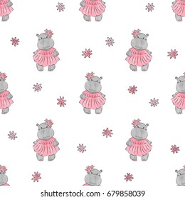 Cute baby Hippo pattern. Vector cartoon seamless background for girls.
