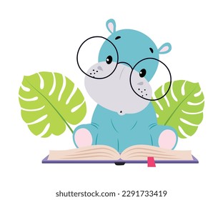 Cute baby hippo reading book. Funny smart wild African animal character in glasses sitting with book cartoon vector illustration