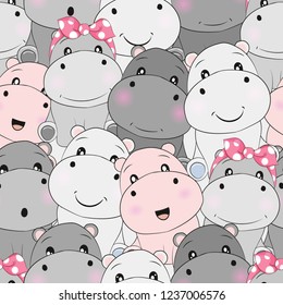 Cute Baby Hippo Seamless Pattern