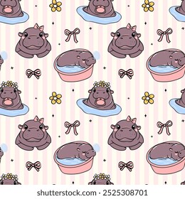 Cute baby hippo seamless pattern coquette cartoon character isolated on background