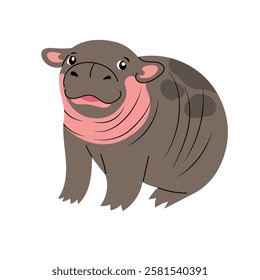 Cute baby hippo sitting. Hand drawn African animal, little hippopotamus, isolated on white background in flat design