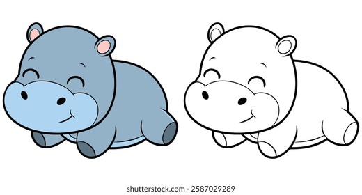 Cute Baby Hippo Sleeping Cartoon Coloring Book For Kids Printable Outline Vector