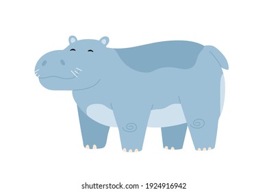 Cute baby hippo standing with closed eyes and smile. Funny happy hippopotamus. Colored flat vector illustration of childish character isolated on white background