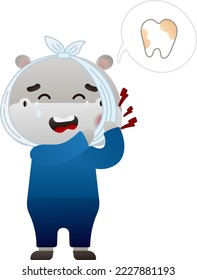 Cute baby hippo suffering from teethache in cartoon style