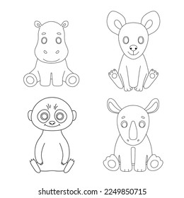 Cute baby hippo, suricata and rhino isolated on white background . Animal of Africa. Hand drawn outline illustration for coloring book.