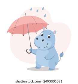 Cute baby hippo with an umbrella in the rain. Autumn children's illustration, print, card