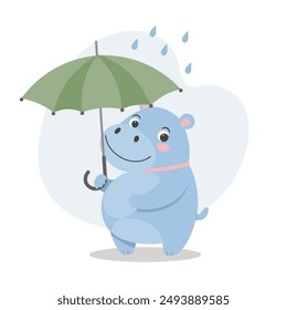 Cute baby hippo with an umbrella in the rain. Autumn children's illustration, print, card