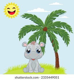 Cute baby hippo vector illustration. Cartoon style character. Happy baby hippo, Perfect illustration for t-shirt wear fashion print design, greeting card, baby shower, party invitation