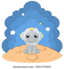 Cute Baby hippo vector illustration. Astronaut hippo Cartoon style character. Happy baby hippo, Perfect illustration for t-shirt wear fashion print design, greeting card, baby shower, party invitation