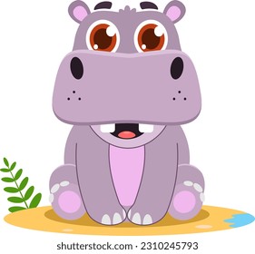 Cute Baby Hippopotamus Animal Cartoon Character. Vector Illustration Flat Design Isolated On Transparent Background