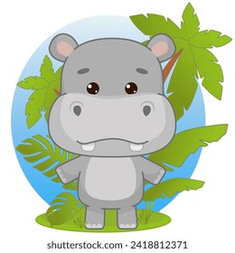 Cute baby hippopotamus in kawaii style stands under a palm tree and near the leaves. Vector illustration of drawings, prints and patterns. Isolated on white background