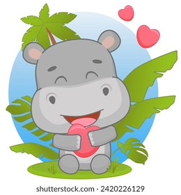 Cute baby hippopotamus in kawaii style sits and hugs a heart under a palm tree and near the leaves. . Vector illustration of drawings, prints and patterns. Isolated on white background