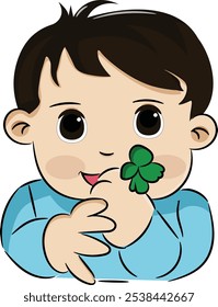 Cute baby holding clover leaf, vector image.