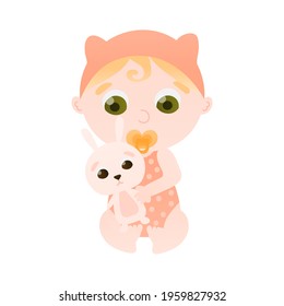 Cute baby holding and playing with bunny toy sitting on floor, indoor activit, infant character in cartoon style