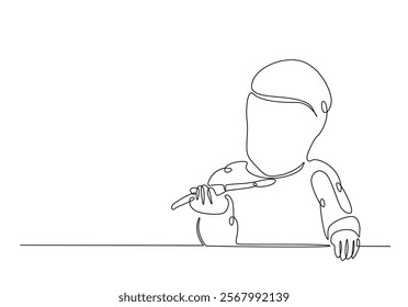 Cute baby holding spoon in continuous one line drawing. Single line art draw of toddler holding spoon. Editable vector.