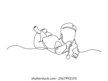 Cute baby holding spoon in continuous one line drawing. Single line art draw of toddler holding spoon. Editable vector.