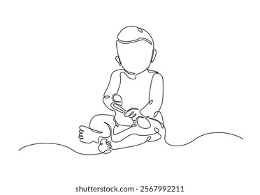Cute baby holding spoon in continuous one line drawing. Single line art draw of toddler holding spoon. Editable vector.