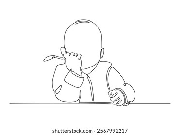 Cute baby holding spoon in continuous one line drawing. Single line art draw of baby boy spoon eats itself . Editable vector.