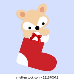 cute baby holiday Christmas little Fox inside the sock. Template for greeting card or a poster. Christmas vector illustration. Baby shower