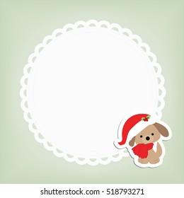 cute baby holiday Christmas round frame on green background with a sticker of a puppy. Template for greeting card or poster. Christmas vector illustration. Baby shower