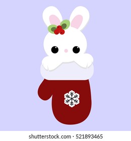 cute baby holiday Christmas small white rabbit inside the mitten. Template for greeting card or a poster. Christmas vector illustration. Baby shower