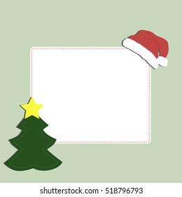 cute baby holiday Christmas square frame on a green background with label spruce and Santa hat. Template for greeting card or poster. Christmas vector illustration. Baby shower