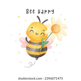 Cute baby honey bee with flower watercolor cartoon character hand painting illustration vector. Bee Happy