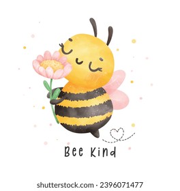 Cute baby honey bee with flower watercolor cartoon character hand painting illustration vector. Bee Happy