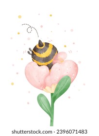 Abeja de miel de bebé lindo con la flor acuarela caricatura personaje de dibujo de la mano vector de ilustración.