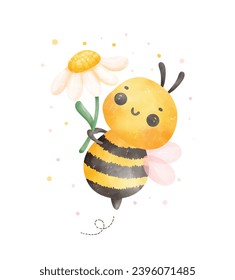 Cute baby honey bee with flower watercolor cartoon character hand painting illustration vector.