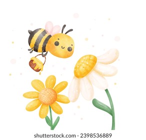 Abeja de miel de bebé lindo con flores color agua caricatura personaje de pintura de mano vector de ilustración.