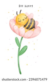 Abeja de miel de bebé lindo durmiendo en una flor acuarela caricatura personaje de dibujo de la mano vector de ilustración. Bee Happy