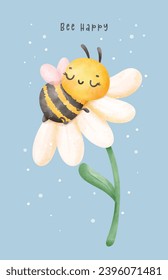 Abeja de miel de bebé lindo durmiendo en una flor acuarela caricatura personaje de dibujo de la mano vector de ilustración. Bee Happy