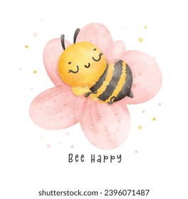 Abeja de miel de bebé lindo durmiendo en una flor acuarela caricatura personaje de dibujo de la mano vector de ilustración. Bee Happy