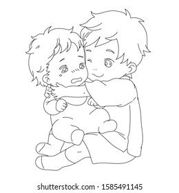 A cute baby hugging his little brother crying. A baby is crying. Brothers . A brother takes care of his little brother - coloring page