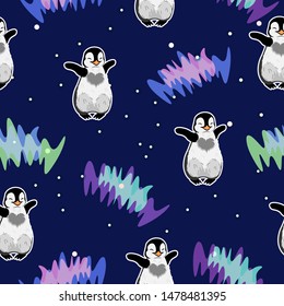 cute baby hugging penguin on aurora polaris and stars background seamless pattern, winter night and holidays, cartoon drawn smile animal, editable vector illustration 