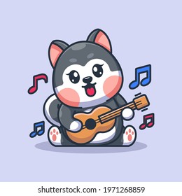 Cute Baby Husky Dog Playing Guitar Cartoon