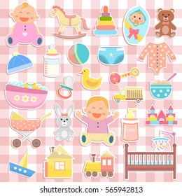 Cute Baby Icons Stickers On Checkered Background