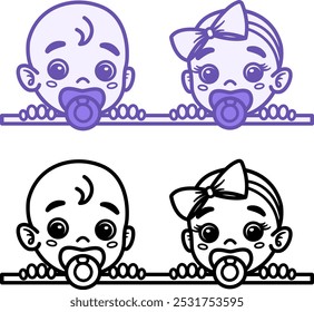 Cute Baby Icons. Vector Illustrations Of Funny Twins. Boy And Girl, Little Kids