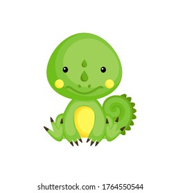Cute baby iguana sitting isolated on white background. Adorable animal character for design of album, scrapbook, card, invitation on baby shower, party. Flat cartoon colorful vector illustration.