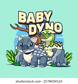 Cute Baby Iguanodon and Ankylosaurus Dinosaur Character Mascot in Vector Cartoon Illustration Design