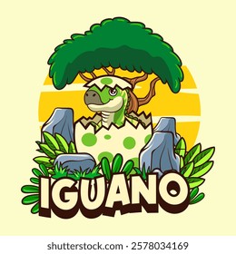 Cute Baby Iguanodon Dinosaur Character Mascot in Vector Cartoon Illustration Design for kid, sticker, badge, patch, banner, greeting card