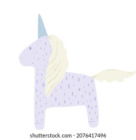 cute baby illustration with funny bright purple unicorn for nursery design decor with yellow mane isolated sticker hand drawing