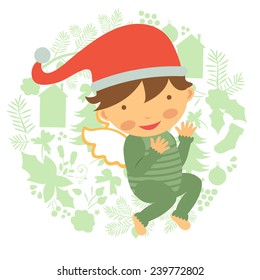 Cute baby illustration on floral Christmas background