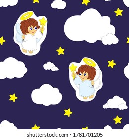 Cute baby illustration, seamless pattern. Isolated elements. Angels with stars, clouds